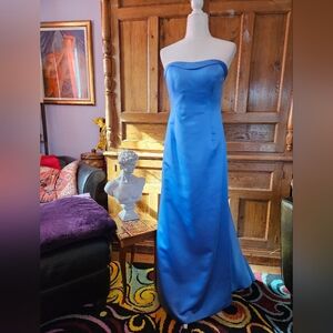 Elegant Ocean Blue Strapless Satin Ball Gown With Gorgeous Cascading Back Drape